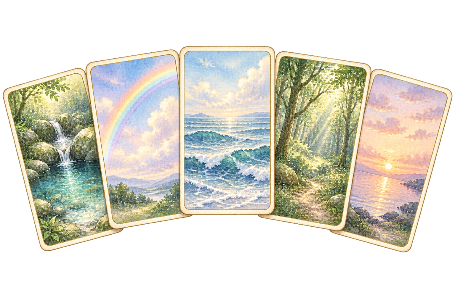 泉・虹・波・森・暁の風景を描いた5枚の水彩カード